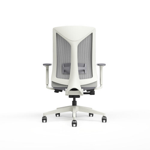 Back View Ergonomic office chair with grey mesh backrest, white frame, 3D Armrests and cushioned seat.