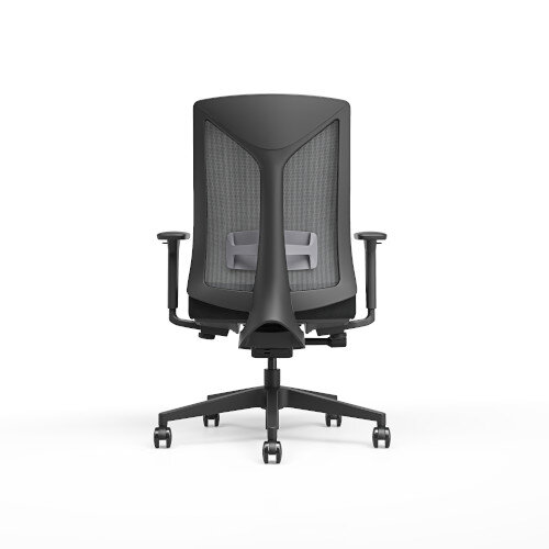 Back View Ergonomic office chair with black mesh backrest, black frame, 3D Armrests and cushioned seat.
