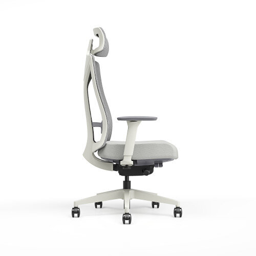 Side View Ergonomic office chair with grey mesh backrest and headrest, white frame, and cushioned seat.