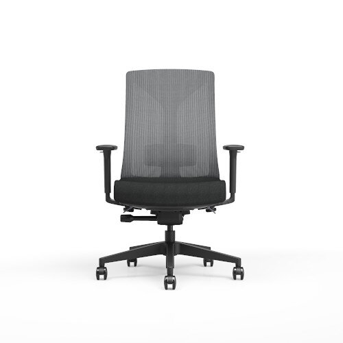 Front View Ergonomic office chair with black mesh backrest, black frame, 3D Armrests and cushioned seat.