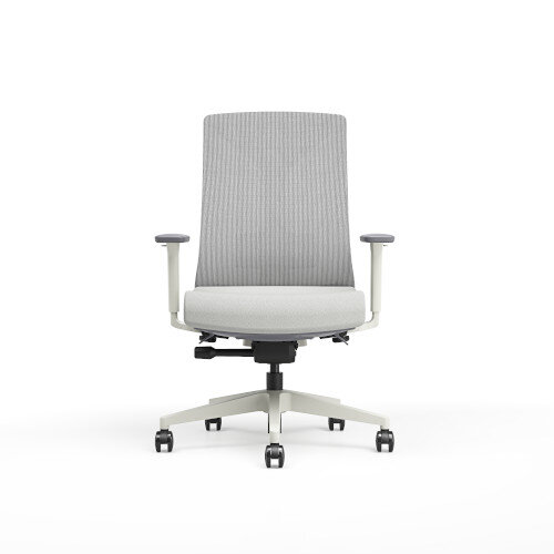 Front View Ergonomic office chair with grey mesh backrest, white frame, 3D Armrests and cushioned seat.