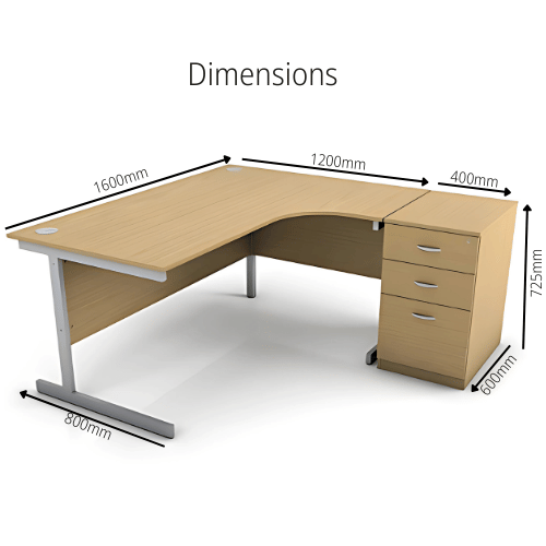 Dimensions - Ashford 1600mm Right Hand Radial Office Desk Metal Leg With 3 Drawer Desk High Pedestal Beech Bundle Offer