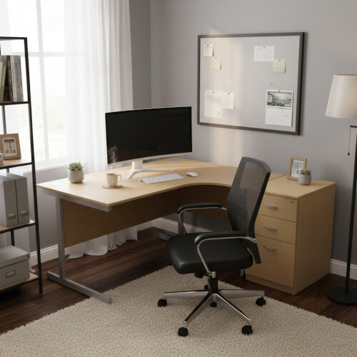 Home Office Setting - Ashford 1600mm Right Hand Radial Office Desk Metal Leg With 3 Drawer Desk High Pedestal Beech Bundle Offer