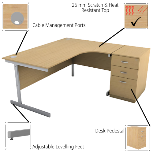 Features - Ashford 1600mm Right Hand Radial Office Desk Metal Leg With 3 Drawer Desk High Pedestal Beech Bundle Offer