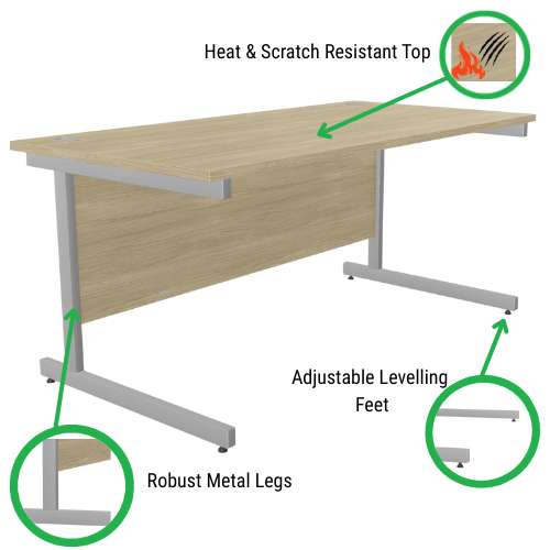 Features - Office Desk Rectangular Silver Cantilever Legs W1400xD800xH725mm Urban Oak Ashford