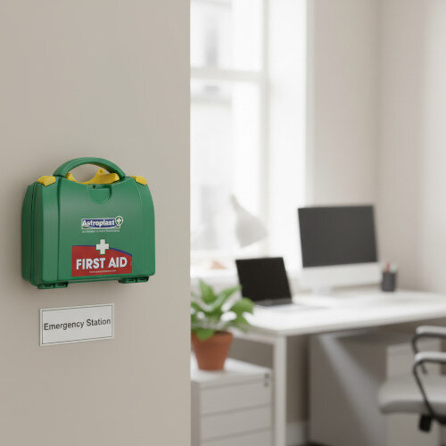 Wall Mounted in Small Office Setting - Green Box HSE First Aid Kit, 1-10 Person (Ref 1001007) - Contents & Case
