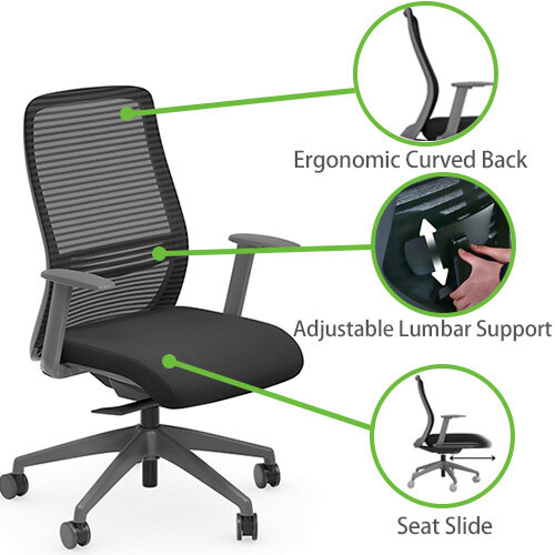 NV Ergonomic Posture Office Chair - Contoured Breathable Mesh Back - Adjustable Lumbar Support - Grey Frame - Black Seat - Highlighted Features