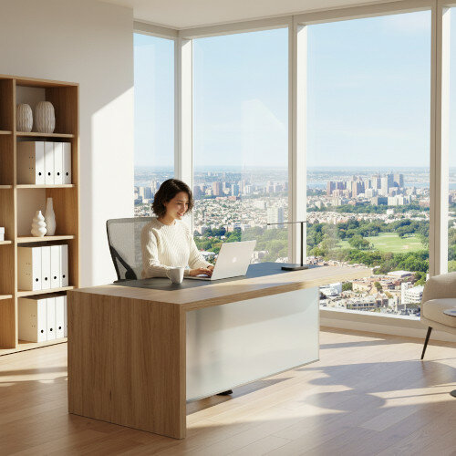 lifestyle Soreno Natural Oak Executive Left Hand Office Desk with Transparent Tempered Glass Leg W2210mm