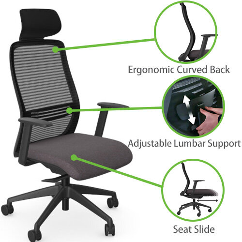 NV Ergonomic Posture Office Chair - Contoured Breathable Mesh Back - Adjustable Lumbar Support - Black Frame - Grey Seat - Highlighted Features