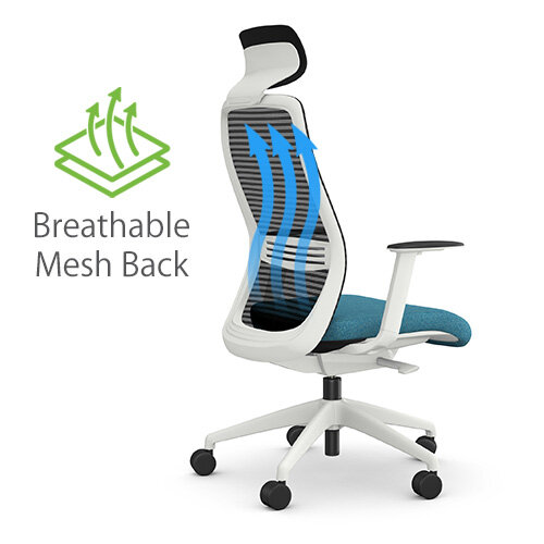 NV Ergonomic Posture Office Chair - Contoured Mesh Back - Adjustable Lumbar Support - White Frame - Blue Seat - Breathable Mesh Back