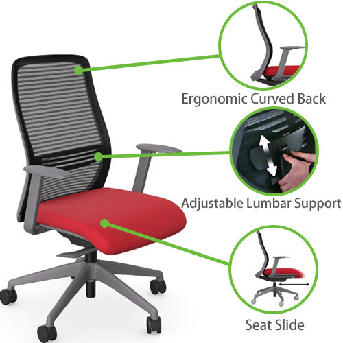 NV Ergonomic Posture Office Chair - Contoured Breathable Mesh Back - Adjustable Lumbar Support - Grey Frame - Red Seat - Product Features