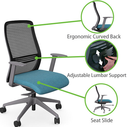 NV Ergonomic Posture Office Chair - Contoured Breathable Mesh Back - Adjustable Lumbar Support - Grey Frame - Light Blue Seat - Highlighted Features