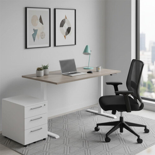 Desk in Neutral Home Office Setting - Electro Elevate Electric Single Motor Height Adjustable Sit Stand Office Desk W1400xD800 Grey Oak Top White Frame 5 Year Warranty