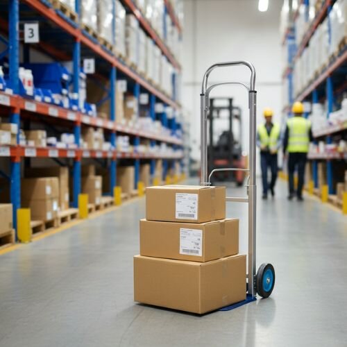 BT-HT90 Folding Sack Truck – 90kg Aluminium Trolley - With Boxes Stacked in Warehouse