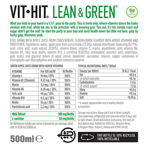 Vit-Hit Lean and Green Apple/Elderflower Bottle 500ml (Pack of 12) VIT4D