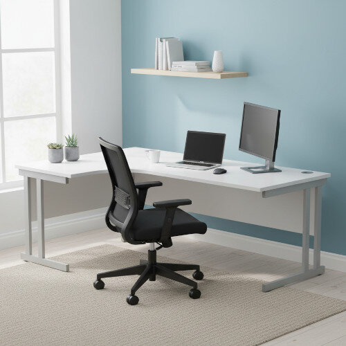 lifestyle image Core Left Hand Corner Office Desk - W1800xD1200xH730mm - Arctic White - Double Cantilever Silver Frame