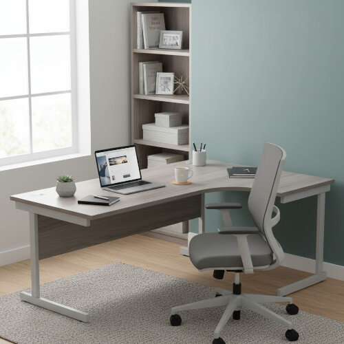 lifestyle Core Left Hand Corner Office Desk - W1800xD1200xH730mm - Alaskan Grey Oak - Single Cantilever Silver Frame