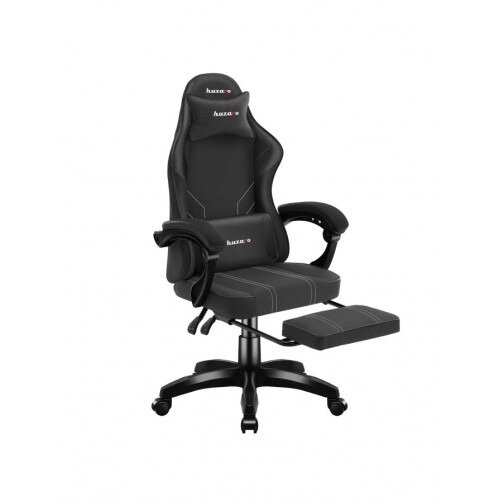 Angled View Showing Extended Footrest - Huzaro Force 3.7 Carbon Black Ergonomic Gaming Chair with Footrest, Lumbar Cushion & Neck Pillow