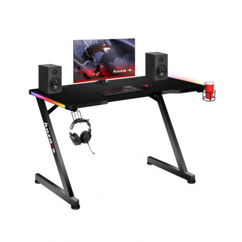 HUZARO HERO 2.5 RGB LED GAMING DESK - LED Lighting - Headphone & Cup Holders - Cable Ports with Monitor & Speakers on Desk Top