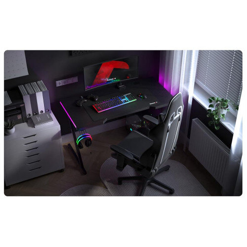 Lifestyle Seeting of Home Gaming Room - HUZARO HERO 2.5 RGB LED GAMING DESK - LED Lighting - Headphone & Cup Holders - Cable Ports