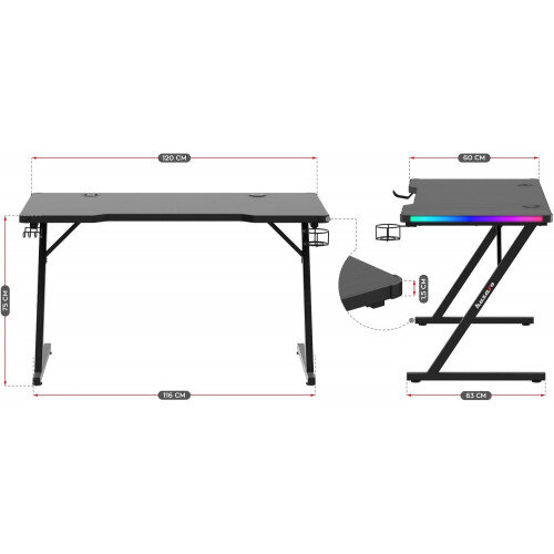 Dimensions -HUZARO HERO 2.5 RGB LED GAMING DESK - LED Lighting - Headphone & Cup Holders - Cable Ports