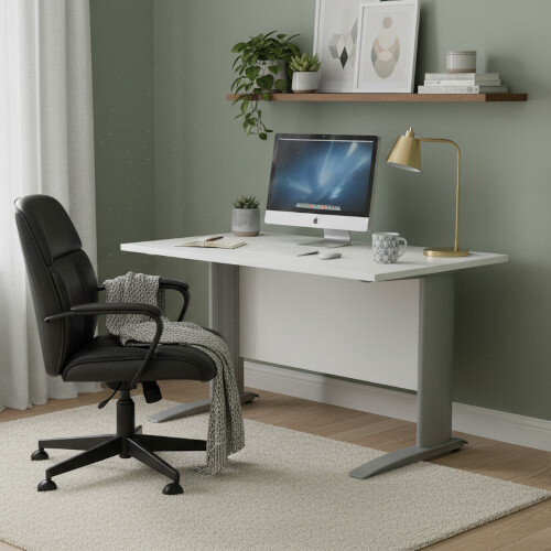 lifestyle image Cantilever Office Desk Rectangular With Silver Cable Managed Leg W1400xD800xH725mm White Komo