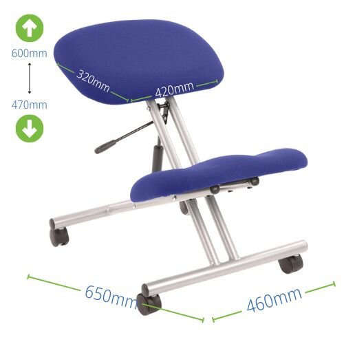 Measurements - Ergonomic Posture Kneeling Chair Stool On Castors Seat Height Adjustment Silver Frame & Stevia Blue Fabric Seat