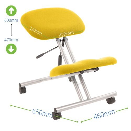 Ergonomic Posture Kneeling Chair Stool On Castors Seat Height Adjustment Silver Frame & Senna Yellow Fabric Seat