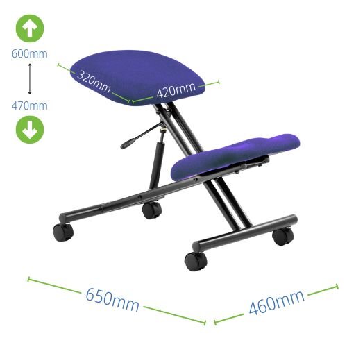 Measurements - Ergonomic Posture Kneeling Chair Stool On Castors Seat Height Adjustment Black Frame & Stevia Blue Fabric Seat