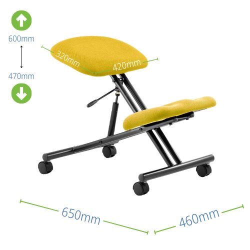 Measurements - Ergonomic Posture Kneeling Chair Stool On Castors Seat Height Adjustment Black Frame & Senna Yellow Fabric Seat