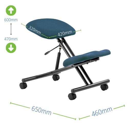 Measurements - Ergonomic Posture Kneeling Chair Stool On Castors Seat Height Adjustment Black Frame & Maringa Teal Fabric Seat