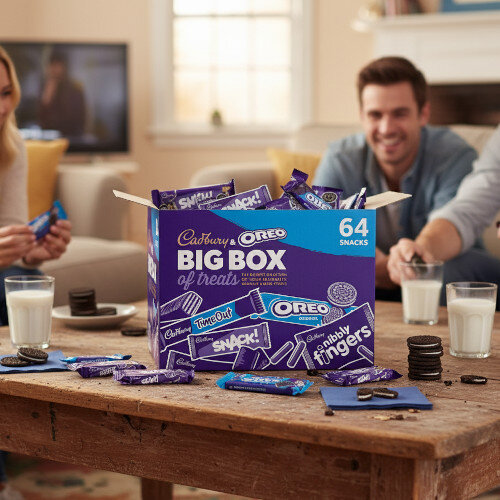Cadbury Oreo Big Box of Treats - Variety Pack of 64 at a family gathering in the living room