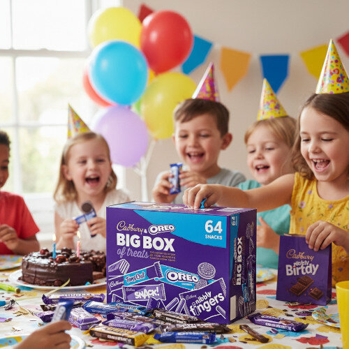Cadbury Oreo Big Box of TreatsKids at a birthday party around a table enjoying the Cadbury big box of treats.