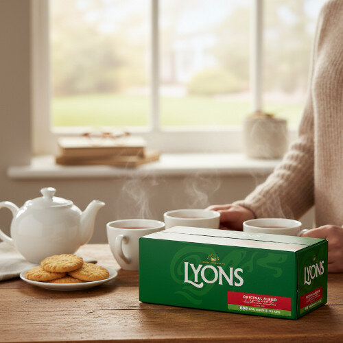  Box of Lyons Green Label Tea Bags (Pack of 600) placed on a table with a woman in the background making cups of Lyons tea.
