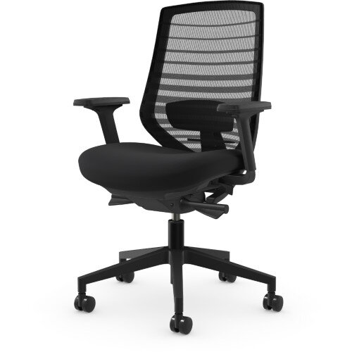 X.77 black mesh ergonomic office chair with 3D armrests and curved backrest, front view