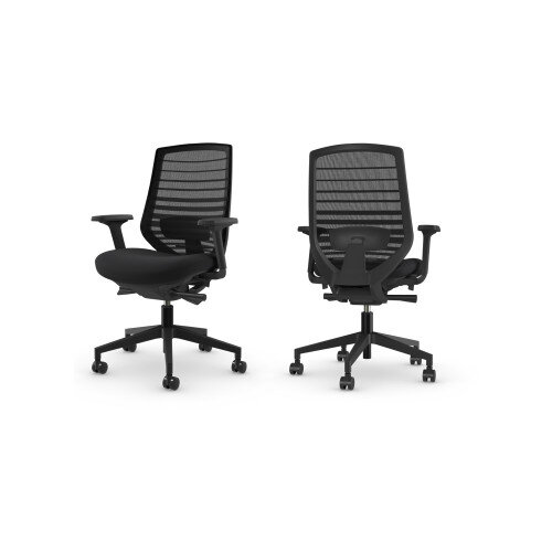 X.77 black mesh ergonomic office chair with 3D armrests and curved backrest, front view
