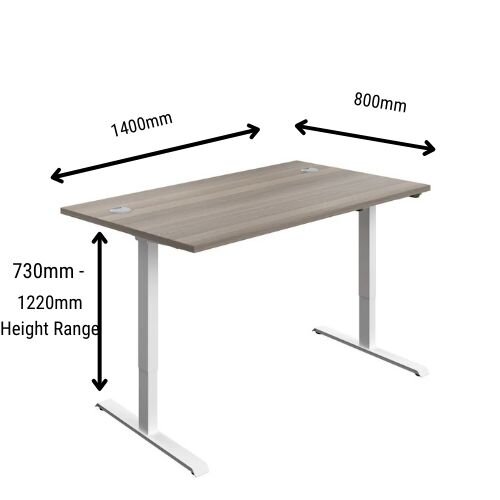 Measurements - Electro Elevate Electric Single Motor Height Adjustable Sit Stand Office Desk W1400xD800 Grey Oak Top White Frame 5 Year Warranty