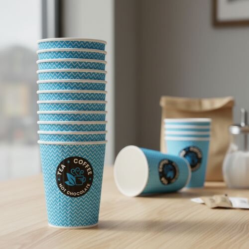 Cup 12oz Hot Drink Blue (Pack of 50) NU903006 - Multiple Cups Stacked