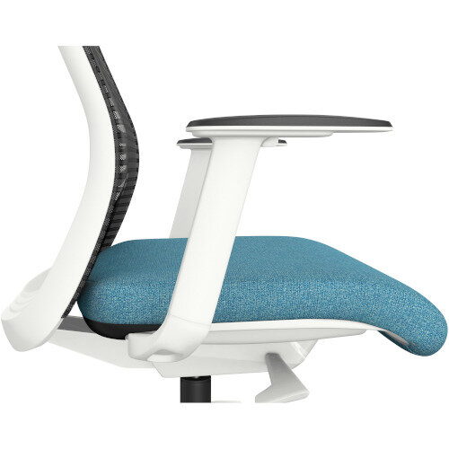 NV Ergonomic Posture Office Chair - Contoured Mesh Back - Adjustable Lumbar Support - White Frame - Blue Seat - Close up of Seat & Armrest