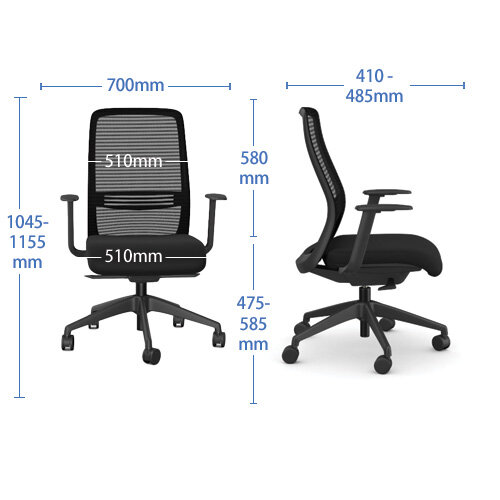 NV Ergonomic Posture Office Chair - Contoured Breathable Mesh Back - Adjustable Lumbar Support - Grey Frame - Black Seat - Dimensions