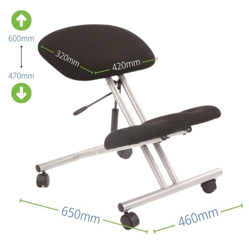 Measurements - Ergonomic Posture Kneeling Chair Stool On Castors Seat Height Adjustment Silver Frame & Black Fabric Seat