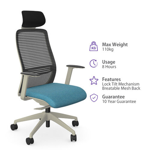NV Ergonomic Posture Office Chair - Contoured Mesh Back - Adjustable Lumbar Support - White Frame - Blue Seat - Features