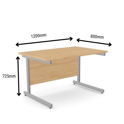 Dimensions - Office Desk - Rectangular Beech Top & Silver Cantilever Legs W1200xD800xH725mm Ashford 15 Year Guarantee