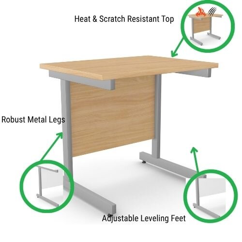 features Cantilever Rectangular Return Office Desk Silver Legs W800xD600xH725mm Beech Ashford