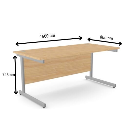 dimensions - Office Desk Rectangular Beech Top & Silver Cantilever Legs W1600xD800xH725mm Ashford - 15 Year Guarantee