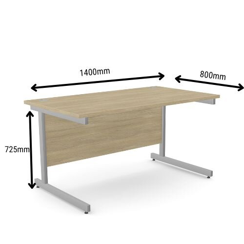 Dimensions - Office Desk Rectangular Silver Cantilever Legs W1400xD800xH725mm Urban Oak Ashford