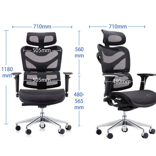 Dorsum Executive Ergonomic Mesh Posture Office Chair - Adjustable Headrest - Adjustable Lumbar Support -  Modern Design - Black - Dimensions