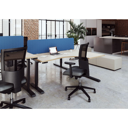 lifestyle desk and chair LEAP Electric Dual Motor Height Adjustable Radial Right Hand Sit Stand Desk Portal Top W1600xD1200/800xH620-1270mm Beech Top Black Frame 10 Year Warranty