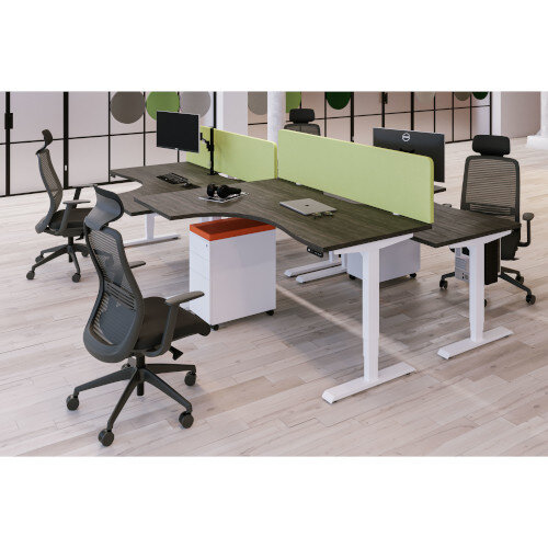 LEAP Electric Dual Motor Height Adjustable Radial Right Hand Sit Stand Desk Portal Top W1600xD1200/800xH620-1270mm Beech Top Black Frame 10 Year Warranty