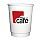 White disposable coffee filled with a frothy latte or cappuccino, featuring a red \'my cafe\' logo with a white coffee cup icon. Centered against a white background, highlighting a creamy foam layer.